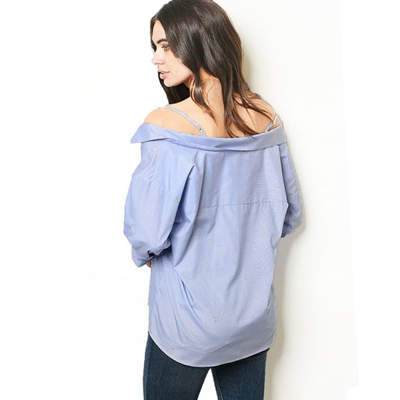 Embroidered Off Shoulder Straps Striped Poplin Top - Picture 3 of 9